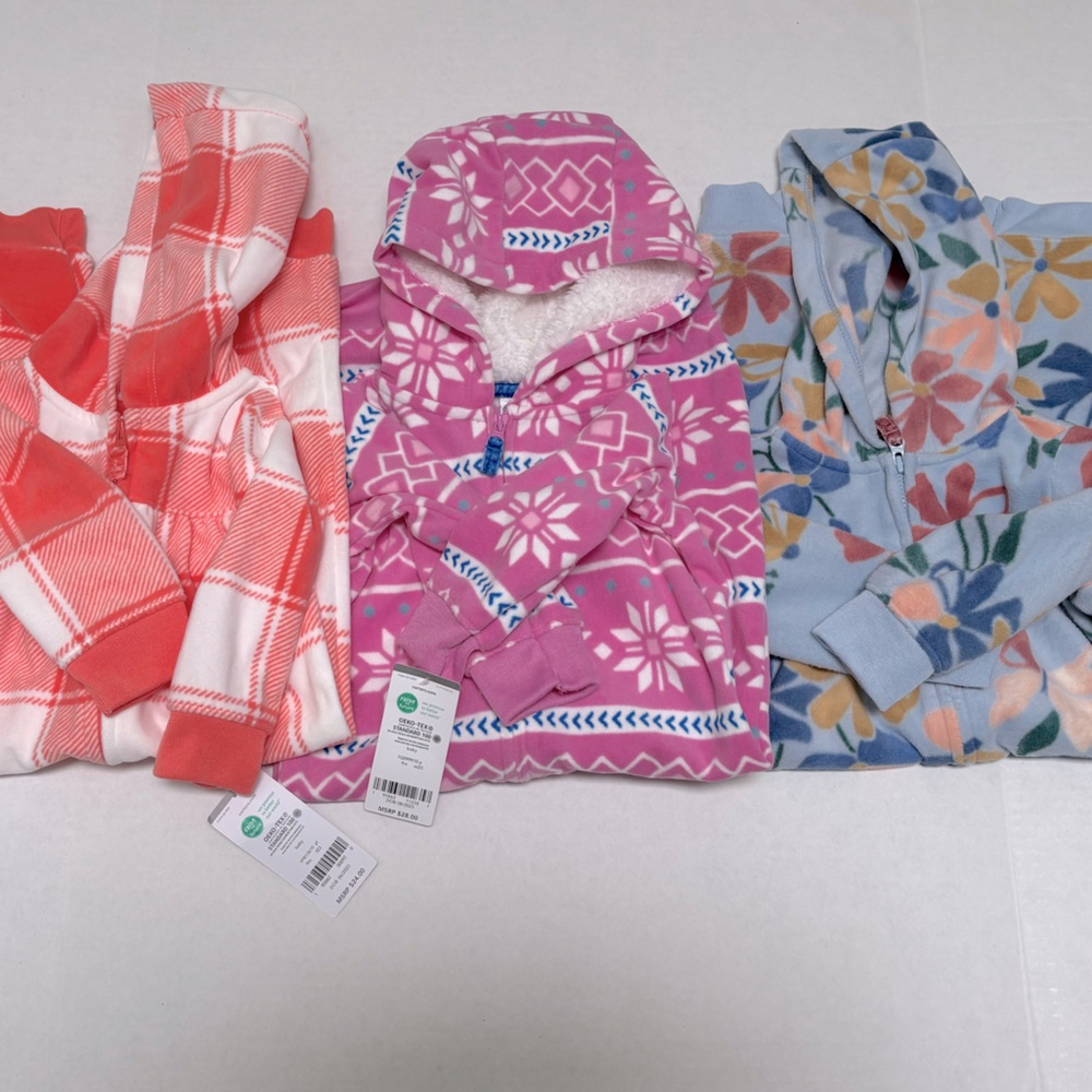3 Carter’s fleece hooded baby girl one piece jumpers - size 9 months